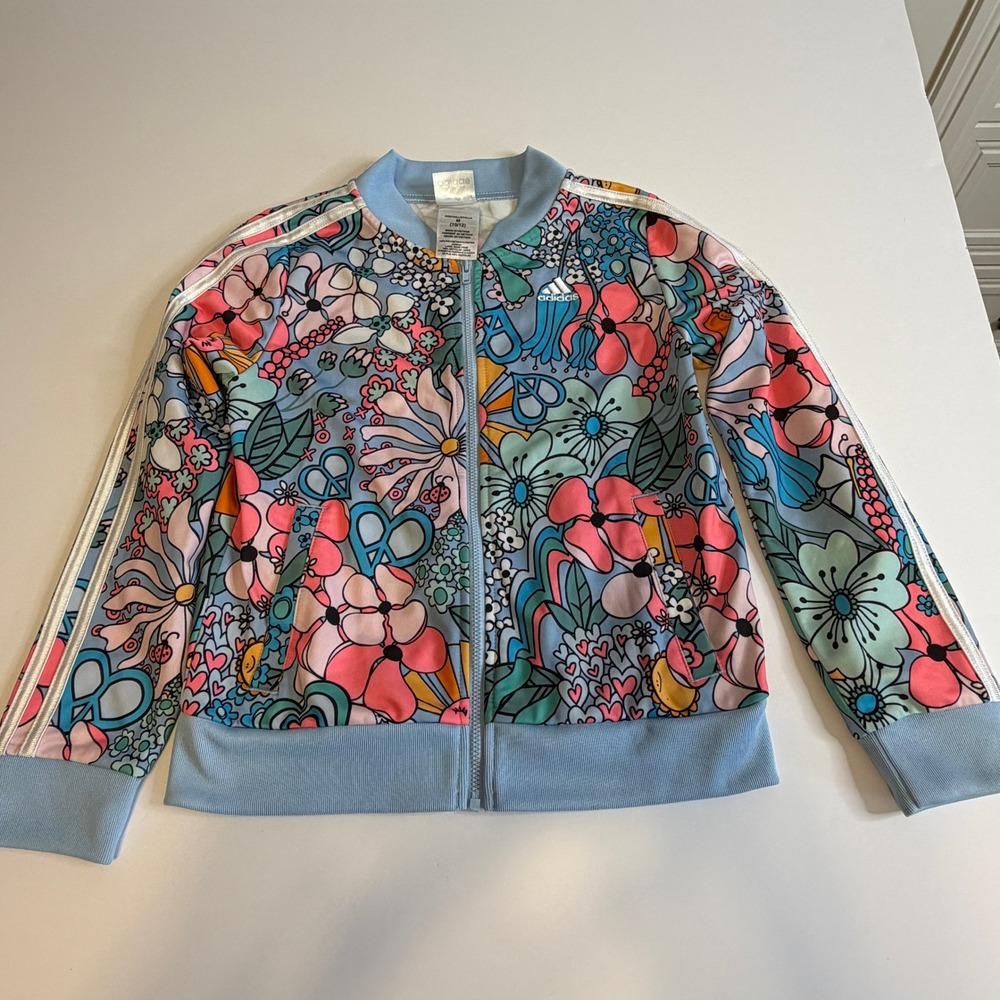 Adidas Girls Floral Peace Sign Track Jacket Blue Pink Size M 10/12 Full Zip